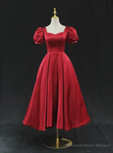 Burgundy Satin Short Sleeve Prom Dress